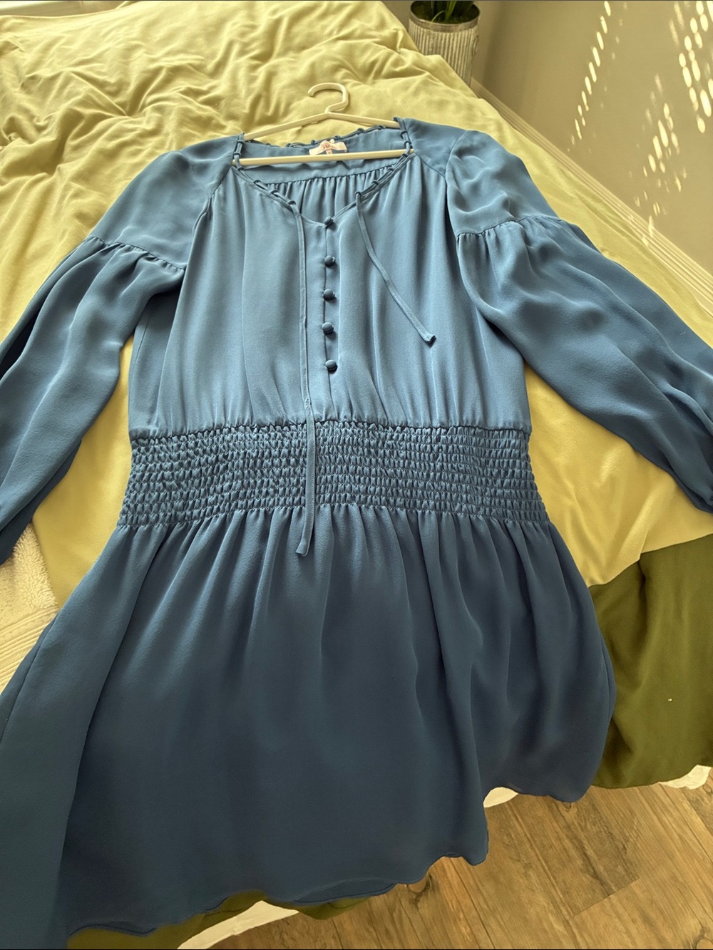 Parker Long Sleeve Smocked Waist Dress in Dusty Blue
